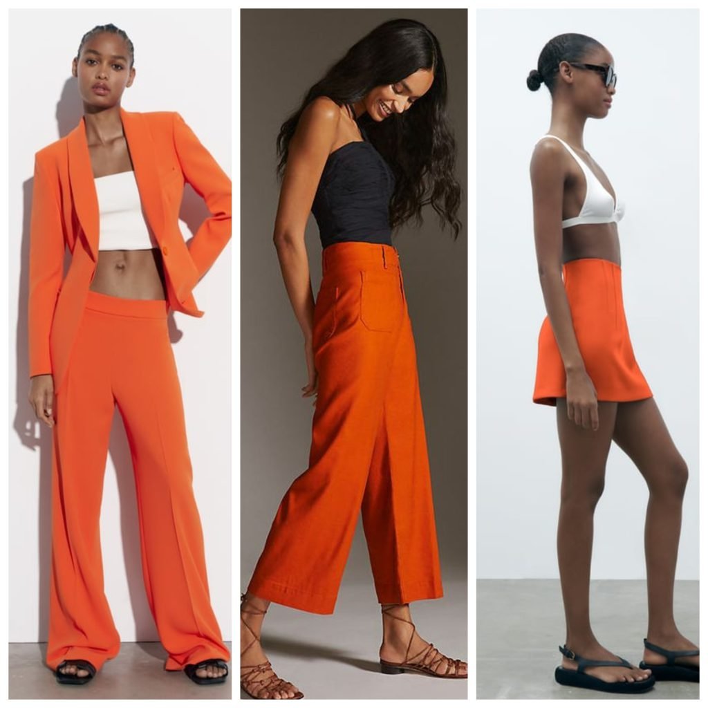 3 modelos luciendo ropa de color naranja eléctrico